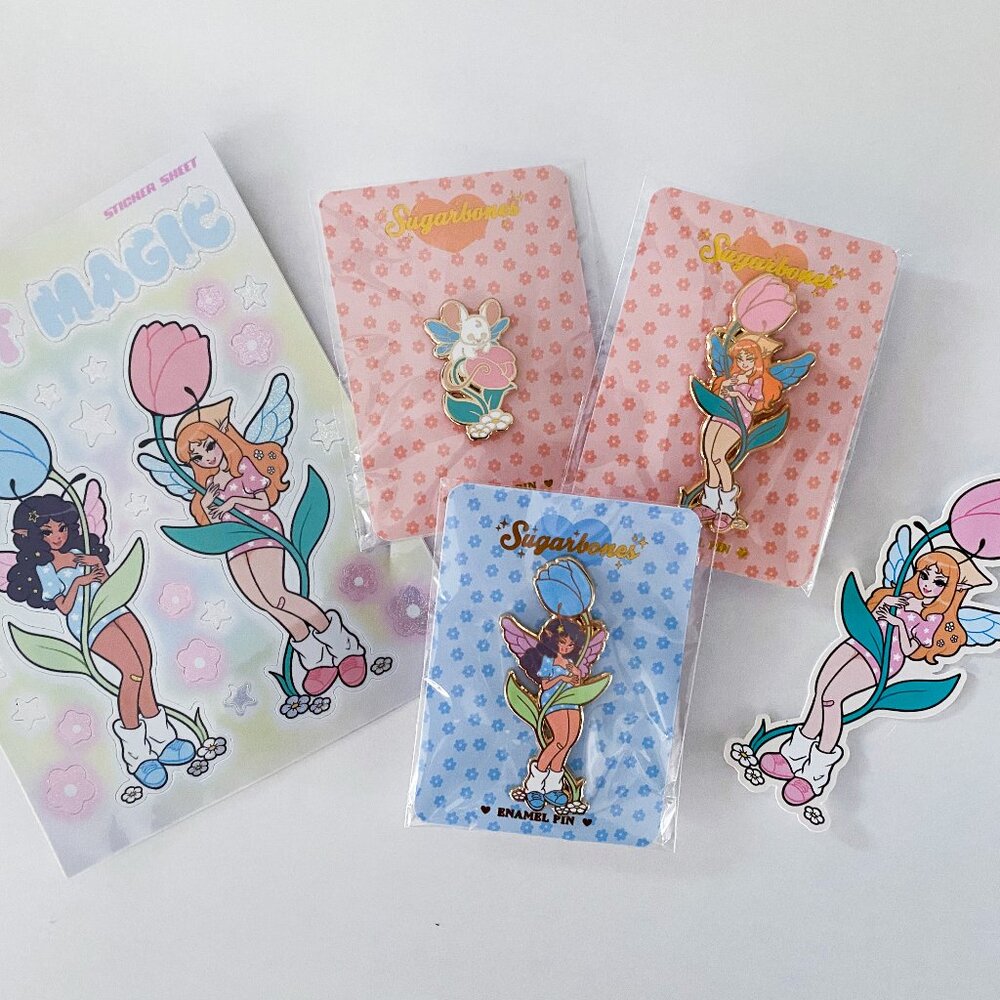 Sugarbones July August 2024 Patreon Flora & Fauna enamel pins & stickers bundle